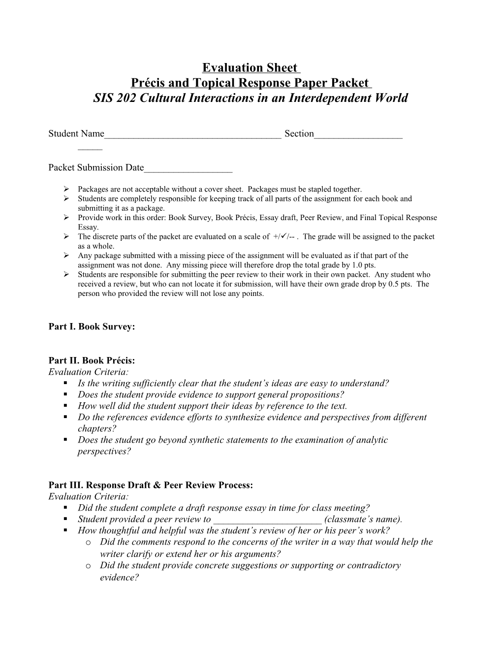 Précis and Response Paper Evaluation Sheet