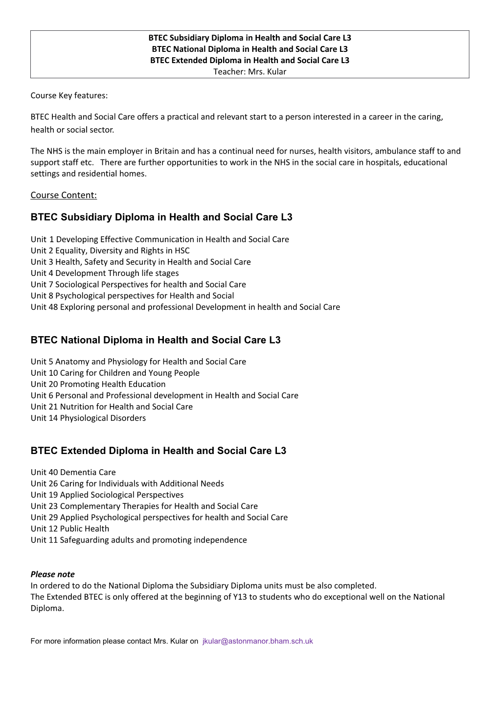 BTEC Subsidiary Diploma in Health and Social Care L3