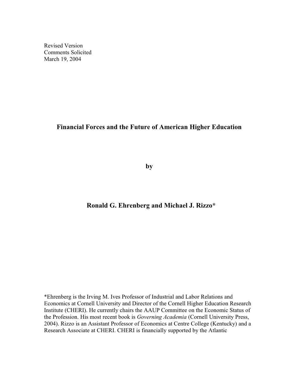 Financial Forces and the Future of American Higher Education