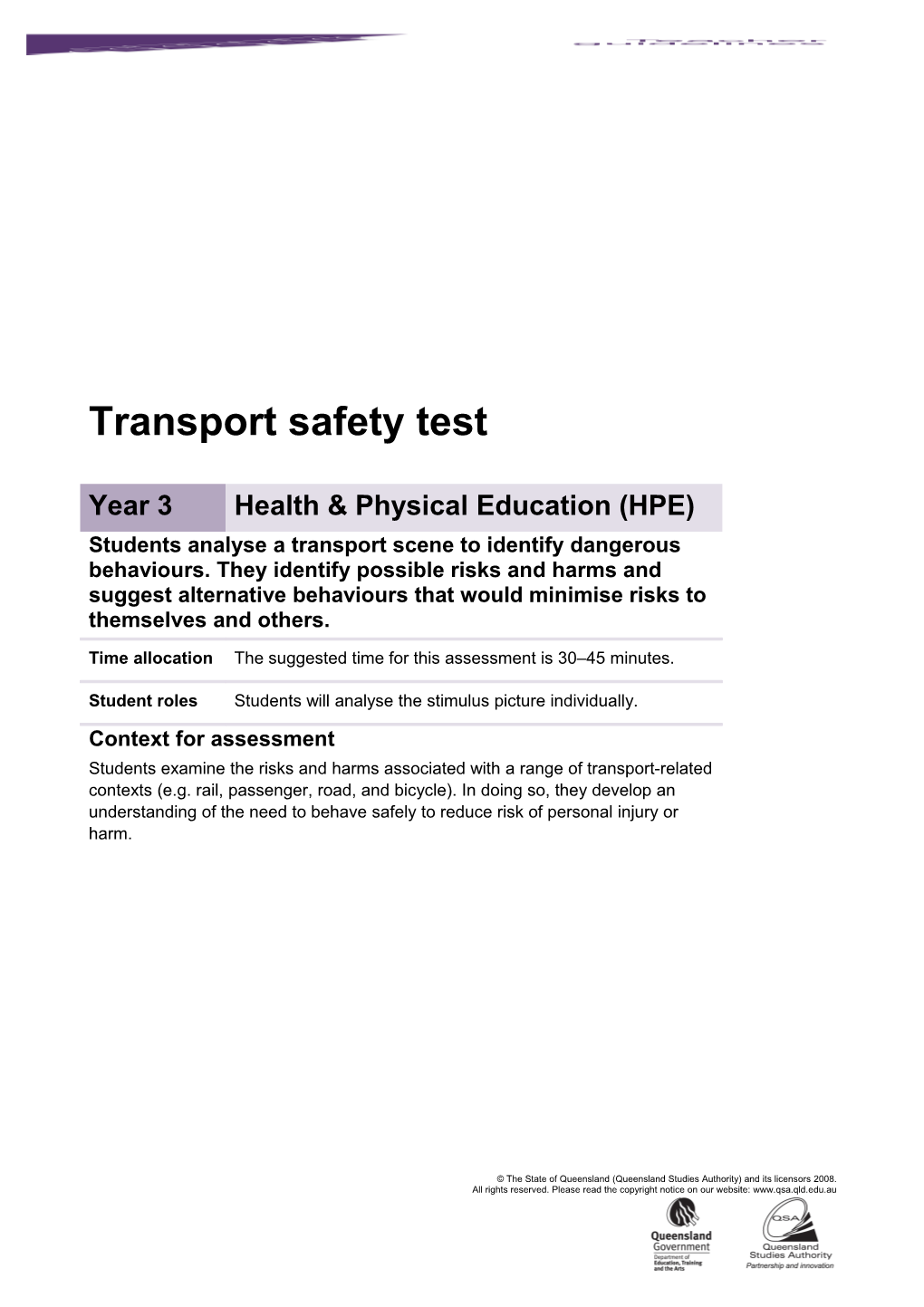 Year 3 Health & Physical Education Assessment Teacher Guidelines Transport Safety Test