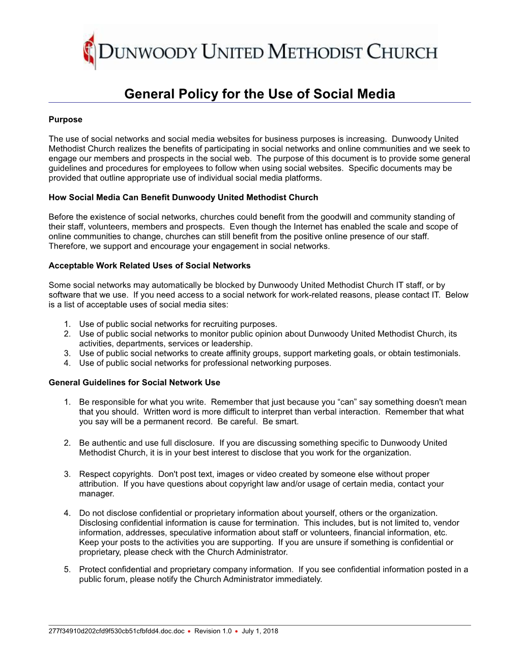 Policy for Employee Use of Social Media