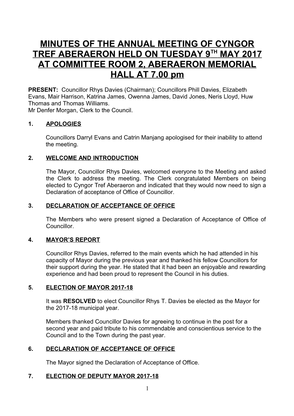 Minutes of a Meeting of Aberaeron Town Council Held on Tuesday 9Th September 2014 at Committee