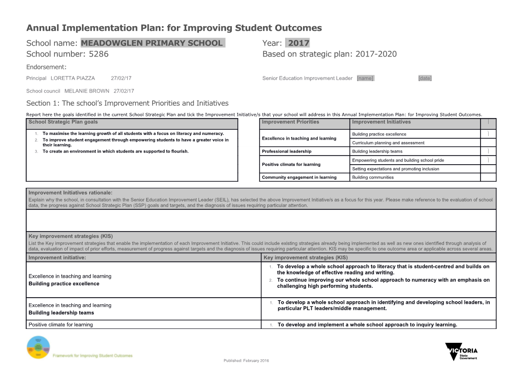 2017 School Annual Implementation Plan Tool