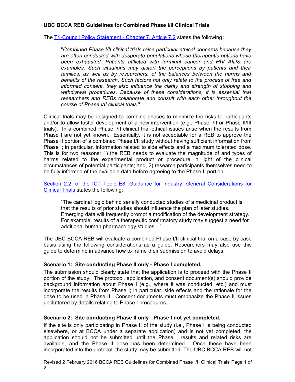 BCCA REB Guidelines for Combined Phase I/II Clinical Trials