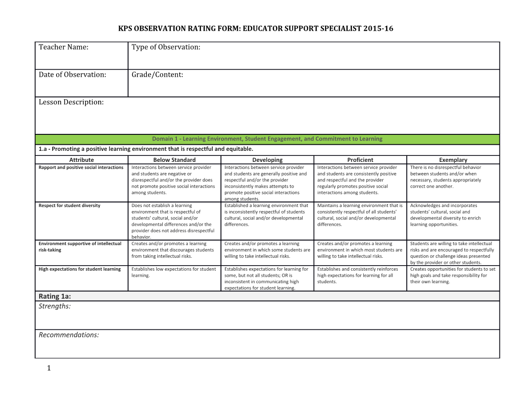 Kps Observation Rating Form: Educator Support Specialist 2015-16