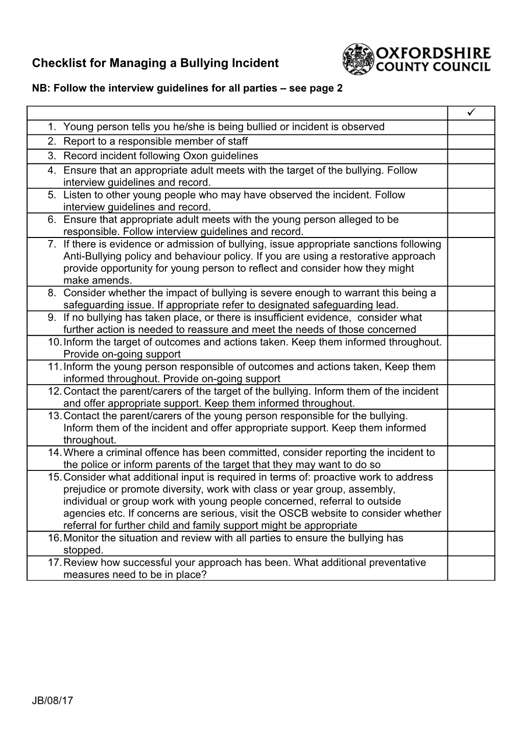 Checklist for Managing a Bullying Incident