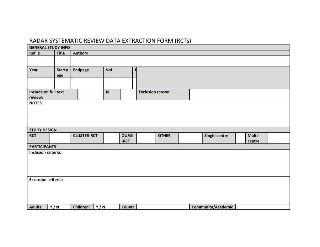 RADAR SYSTEMATIC REVIEW DATA EXTRACTION FORM (Rcts)