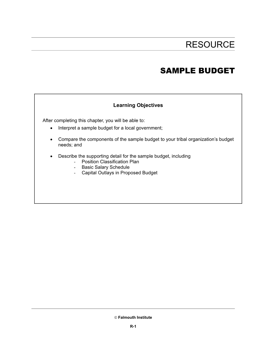 Budgeting: Sample Budget