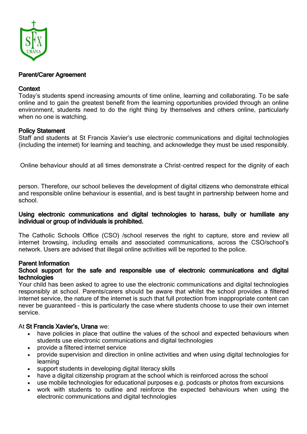 Parent/Carer Agreement