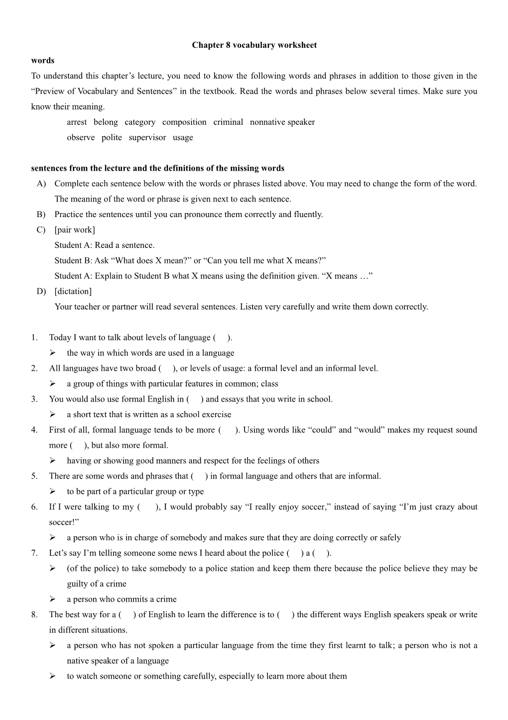 Chapter 8 Vocabulary Worksheet