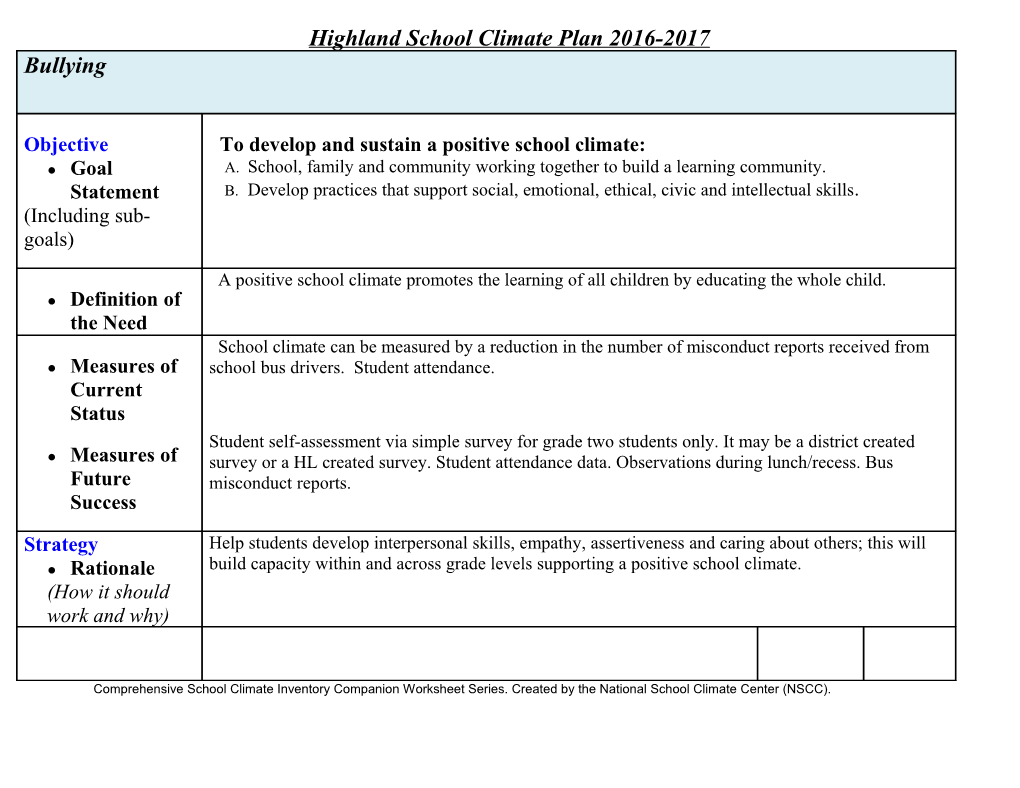 Highland School Climate Plan 2016-2017