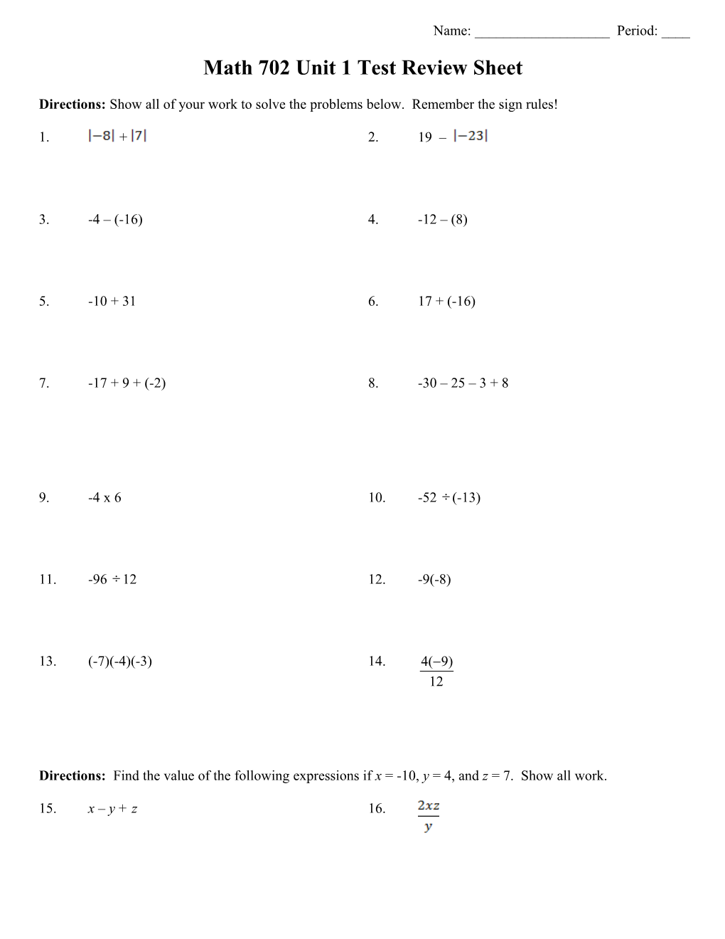 Math 702 Unit 1 Test Review Sheet