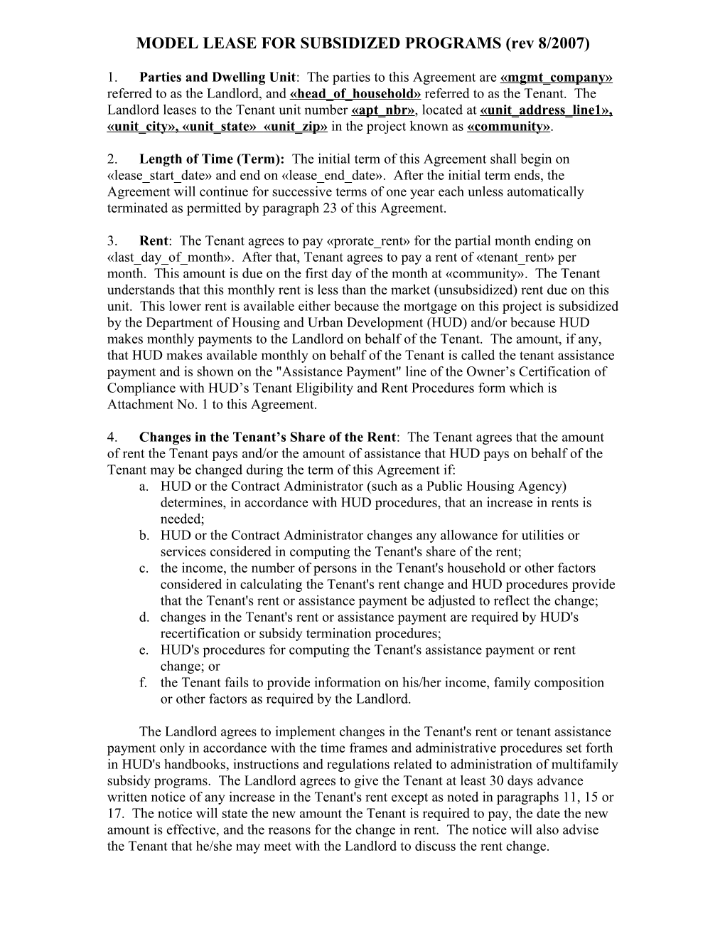 MODEL LEASE for SUBSIDIZED PROGRAMS (Rev 8/2007)