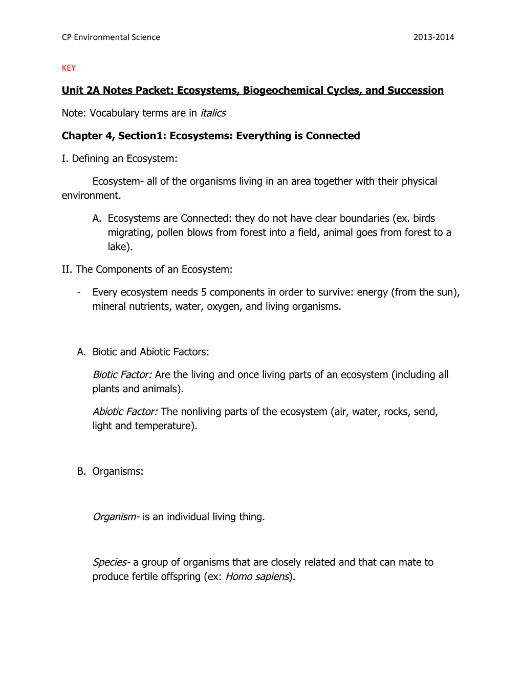 Unit 2A Notes Packet: Ecosystems, Biogeochemical Cycles, and Succession