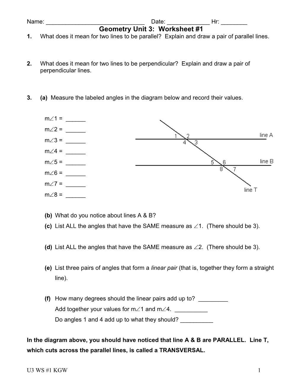 Geometry Unit 3: Worksheet #1