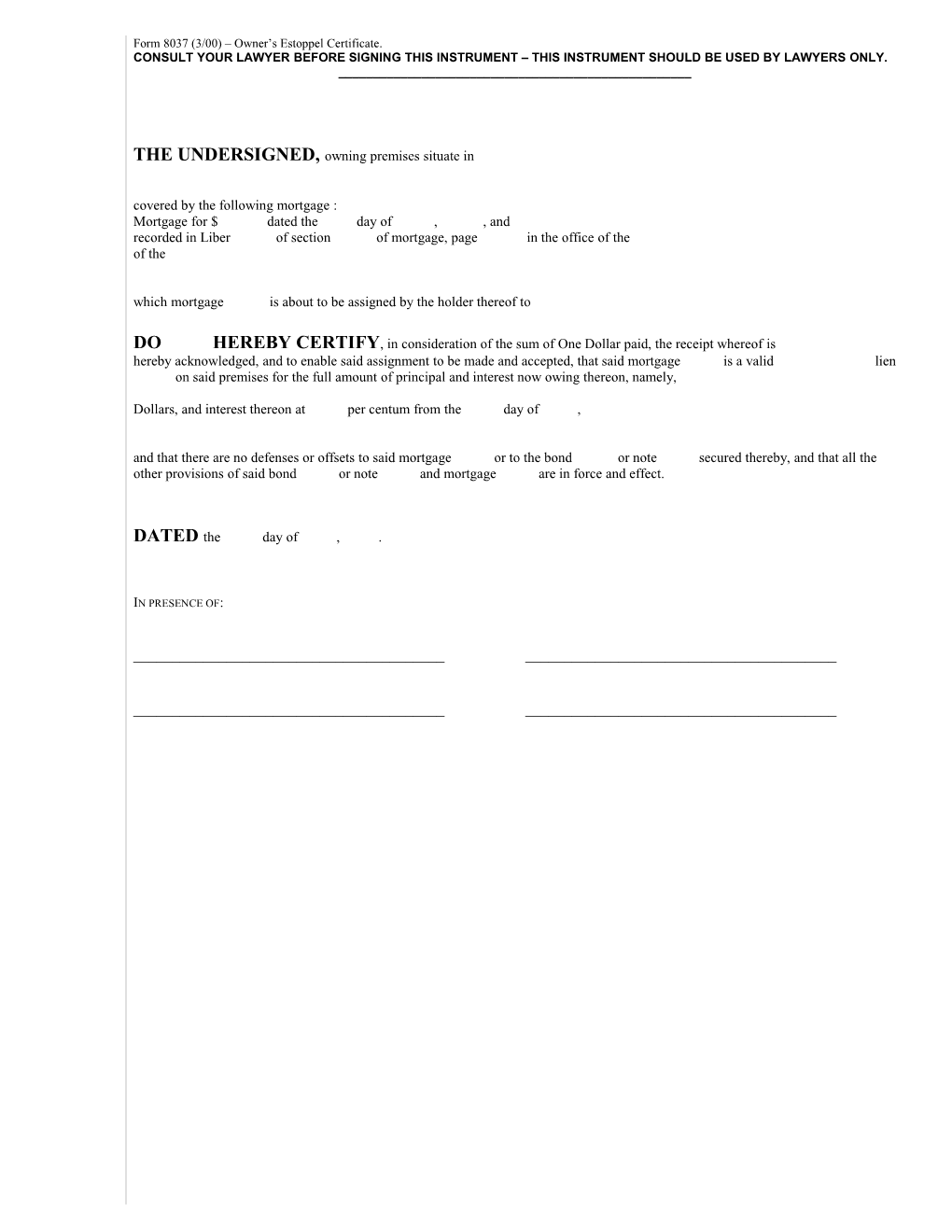 Form 8037 (3/00) Owner S Estoppel Certificate