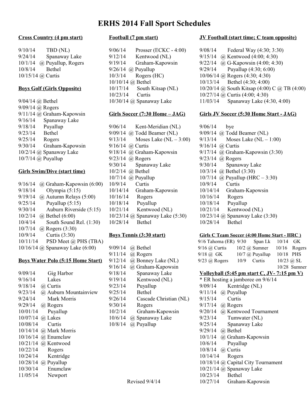 ERHS 2008 Fall Sport Schedules