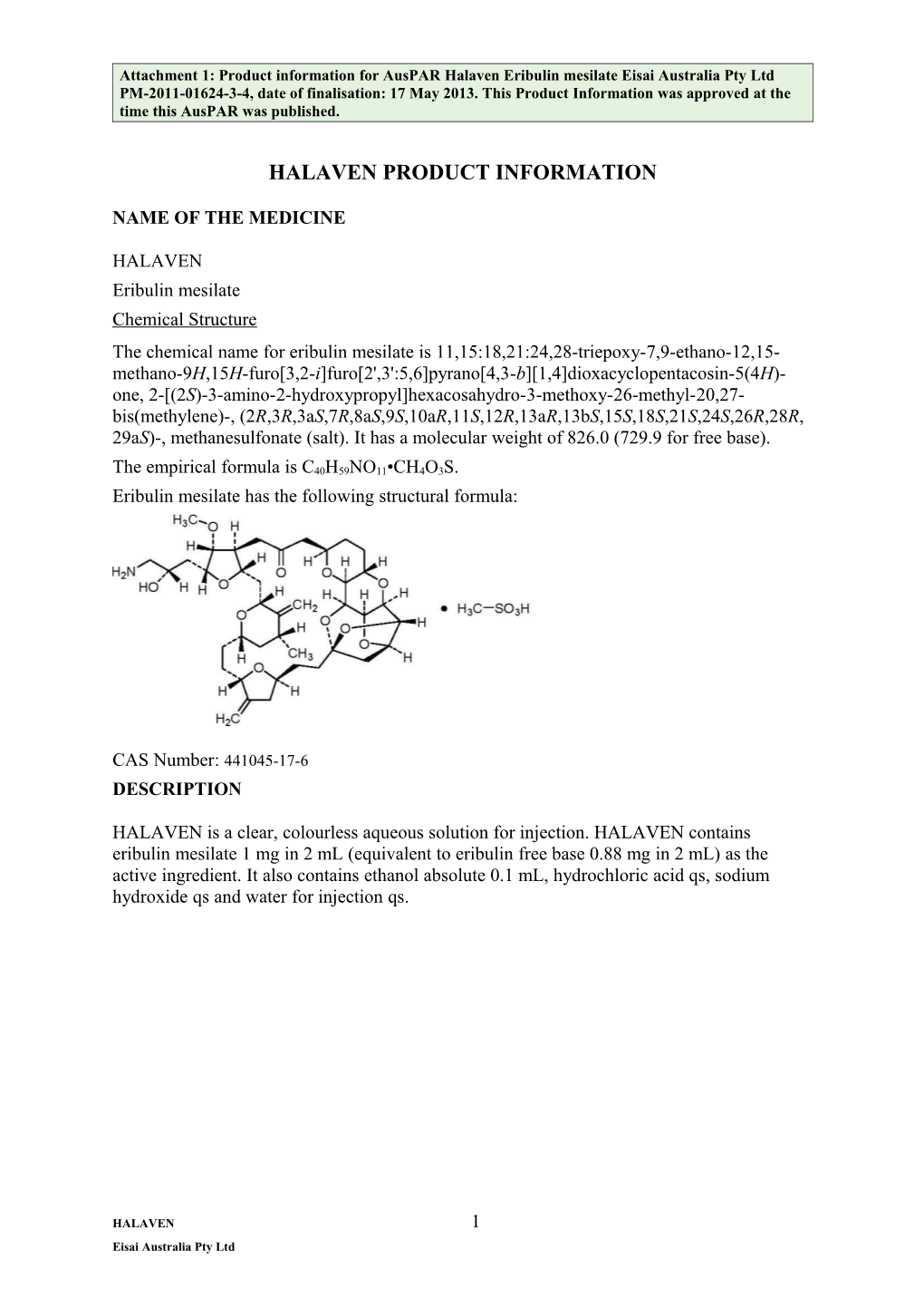 Product Information for Halaven (Eribulin Mesilate)