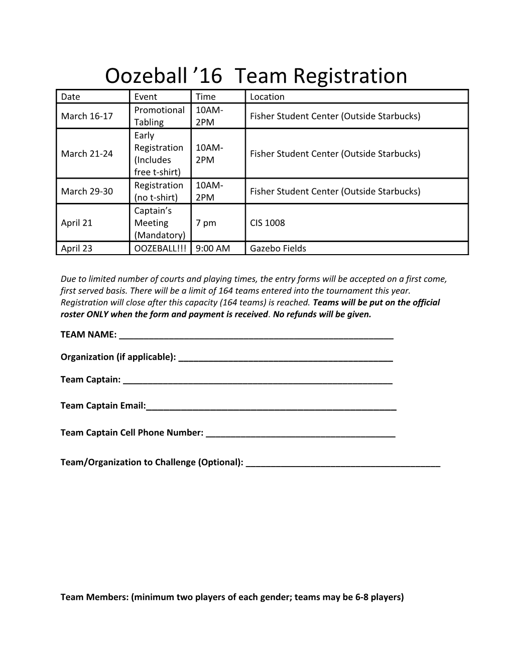 Oozeball 16Team Registration