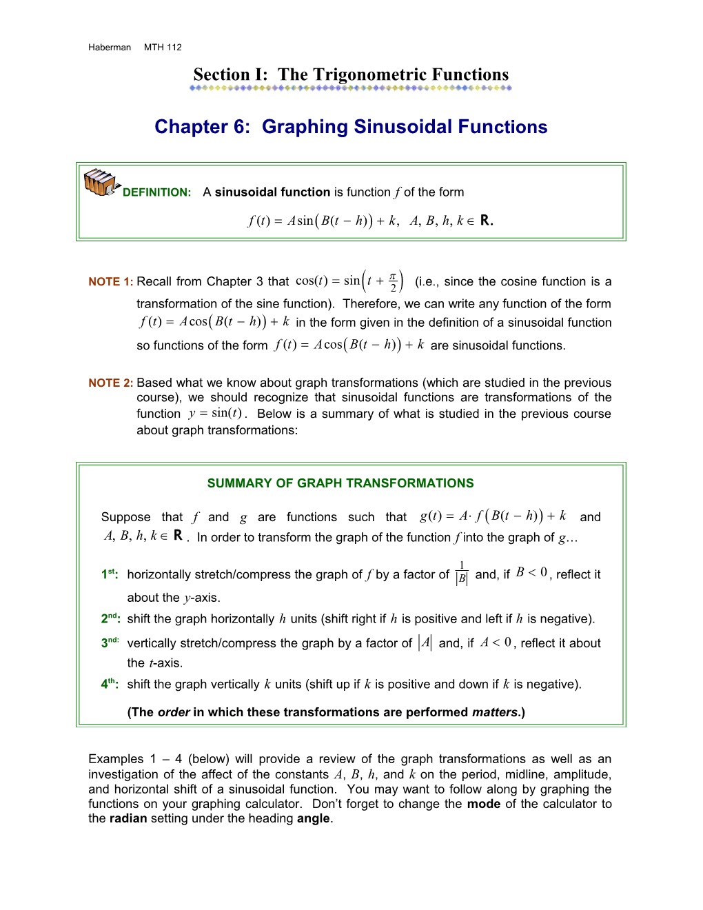 Section I: the Trigonometric Functions