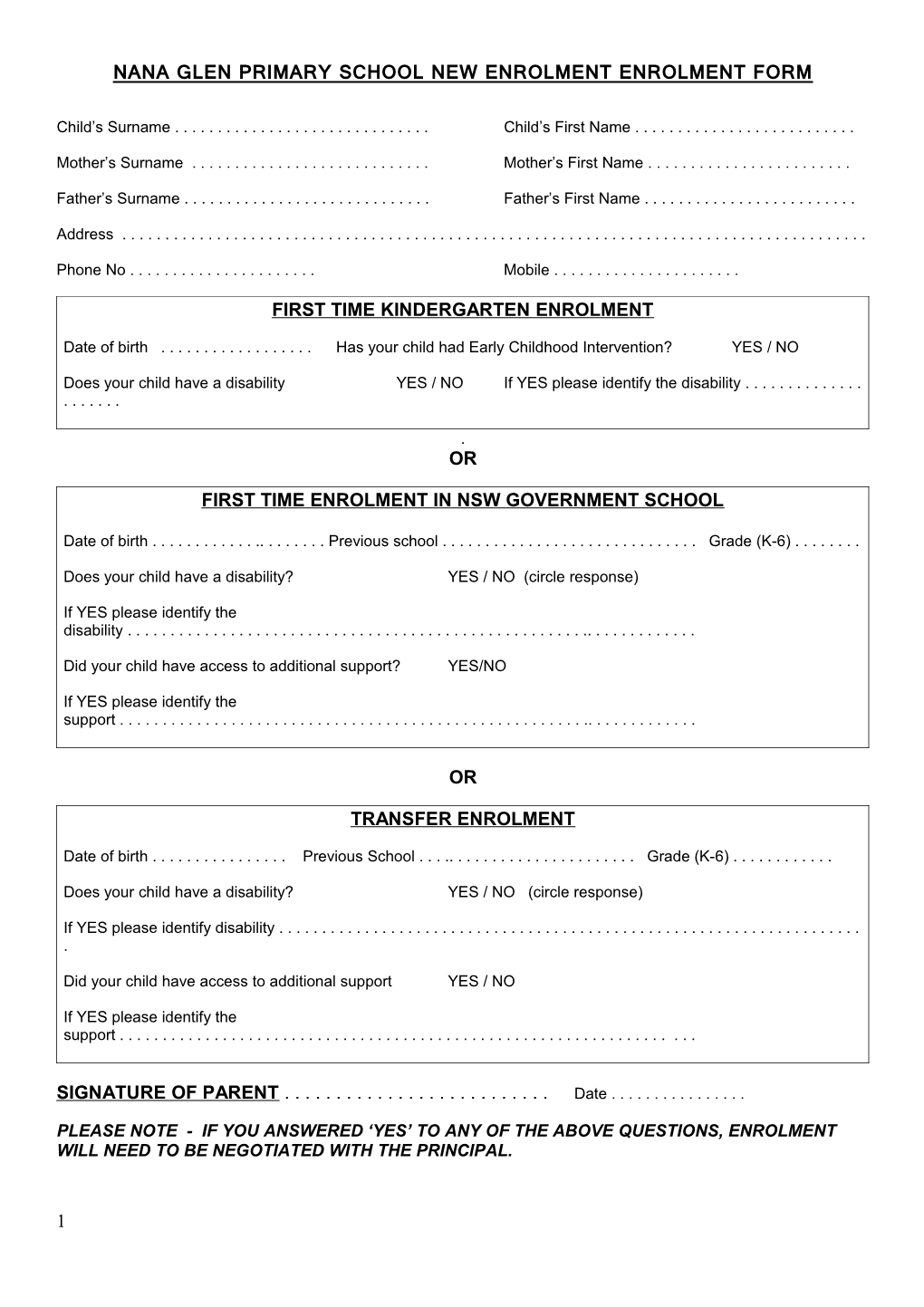 New Enrolment Pre-Enrolment Form