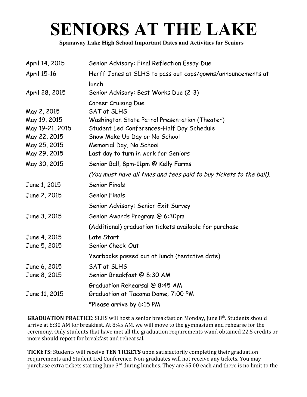 Spanaway Lake High School Important Dates and Activities for Seniors