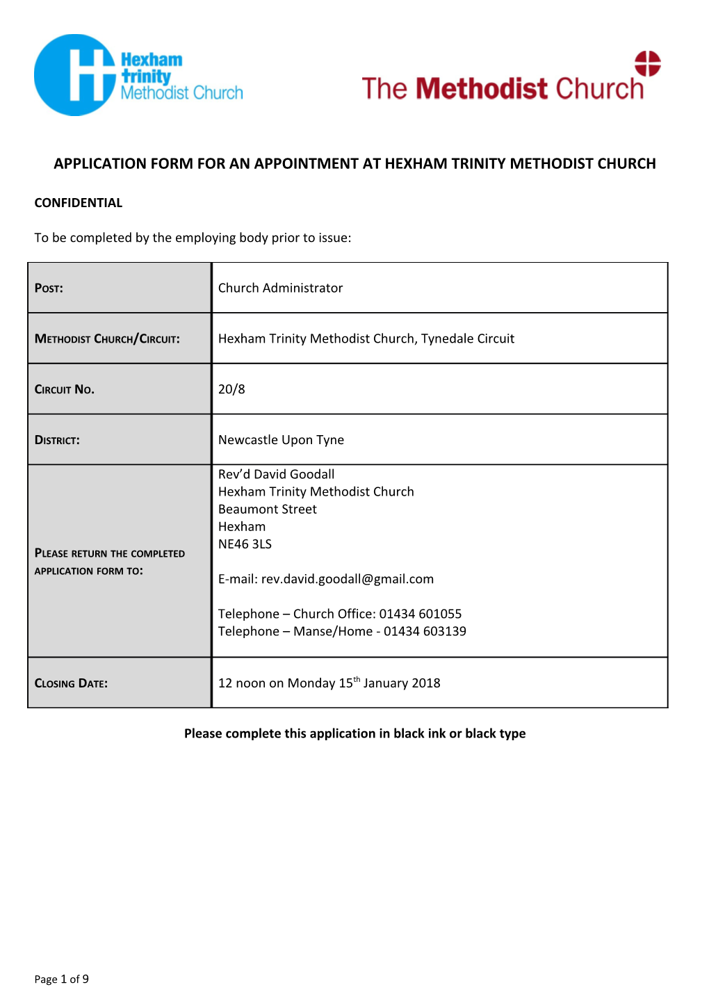 Application Form for an Appointment at Hexham Trinity Methodist Church
