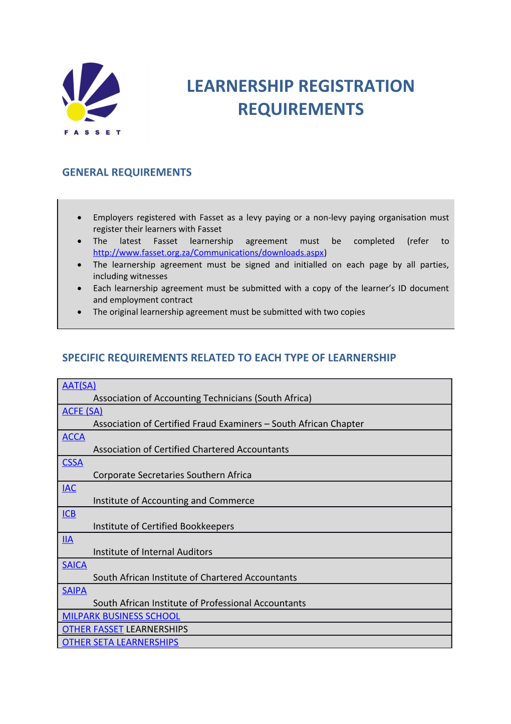 Specific Requirements Related to Each Type of Learnership