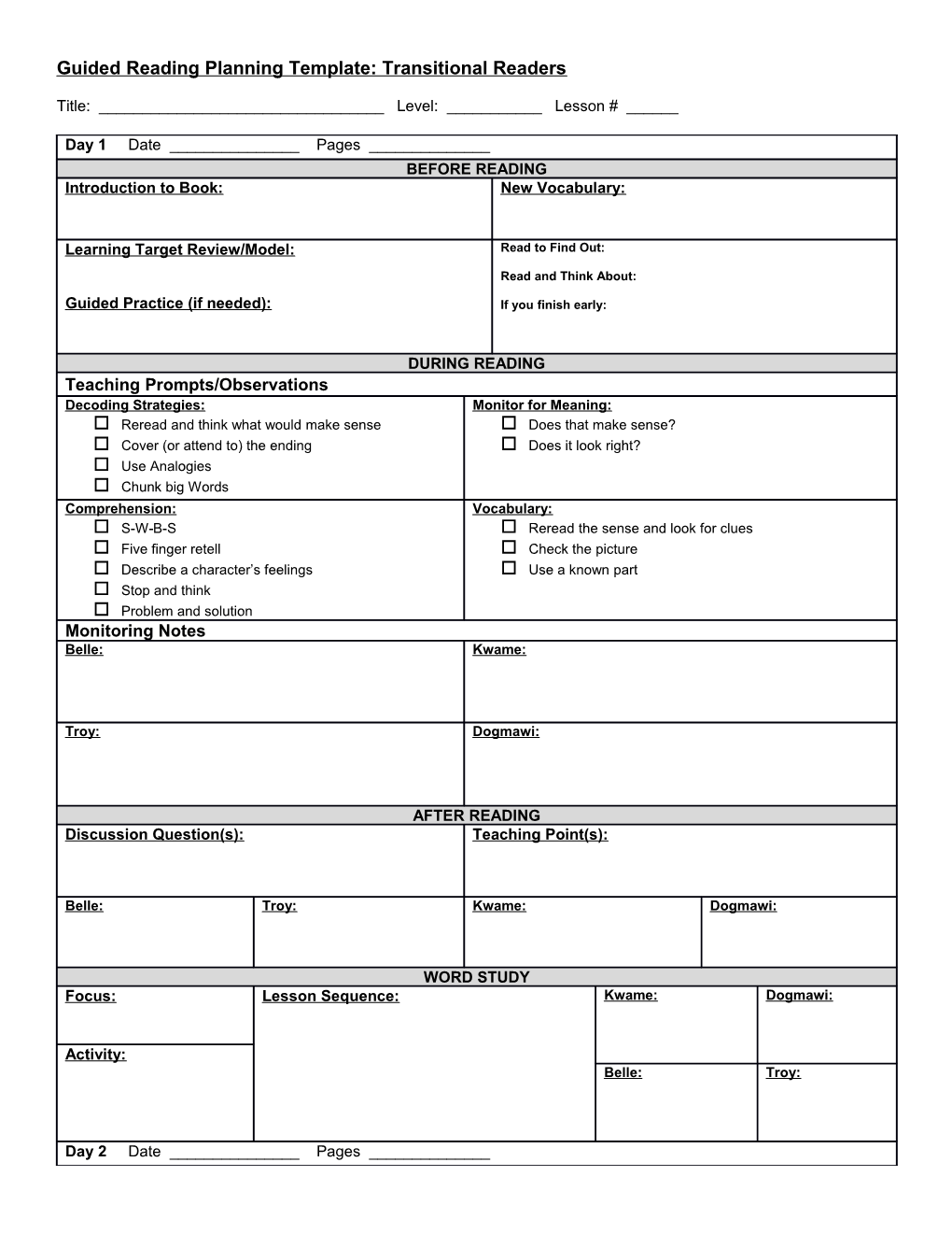 Guided Reading Planning Template: Transitional Readers