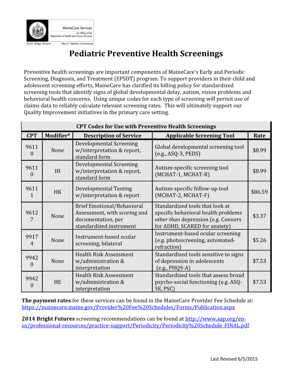 Pediatric Preventive Health Screenings