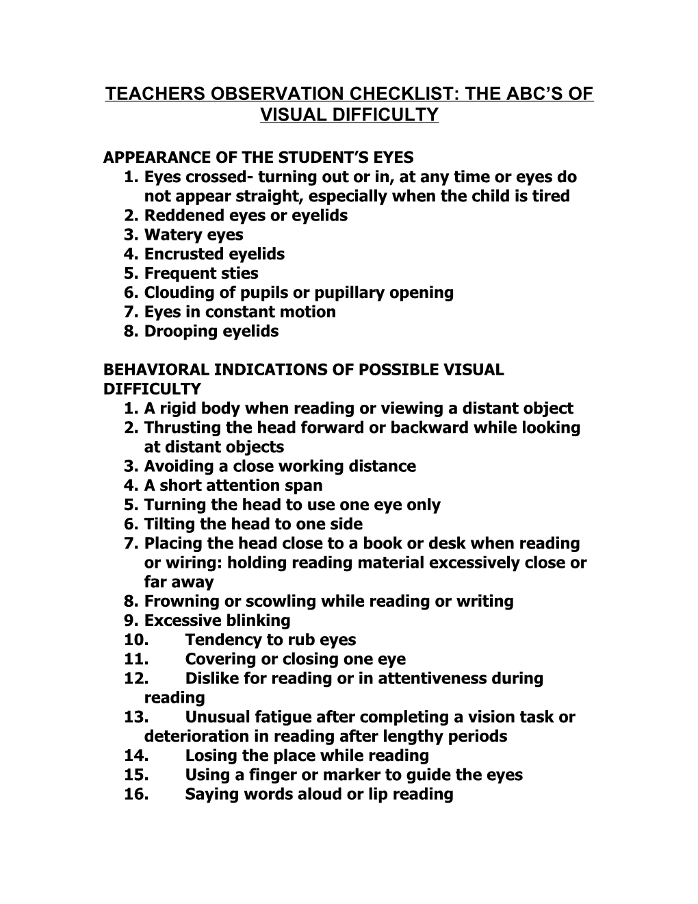 Teachers Observation Checklist: the Abc S of Visual Difficulty