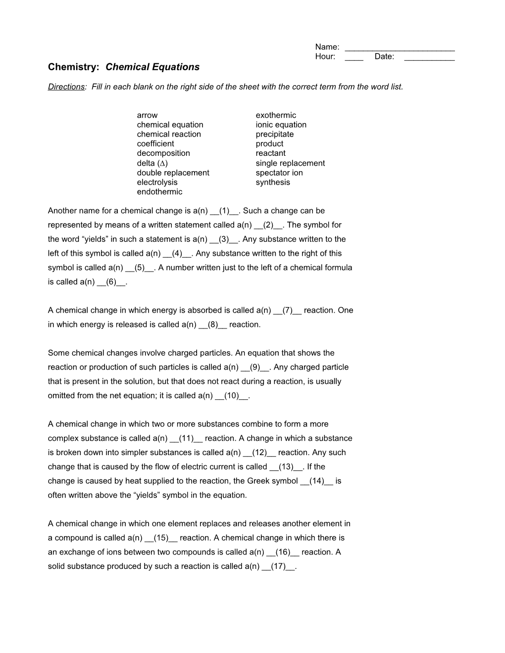 Vocabulary WS Chemical Equations (World List Paragraph)