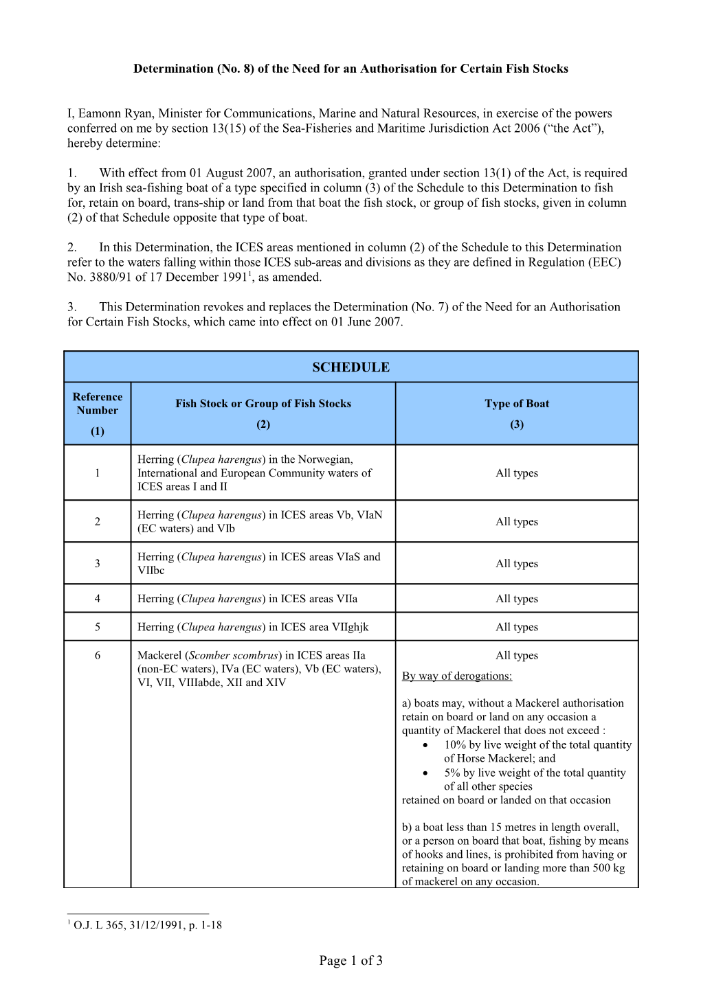 Determination (No. 8) of the Need for an Authorisation for Certain Fish Stocks