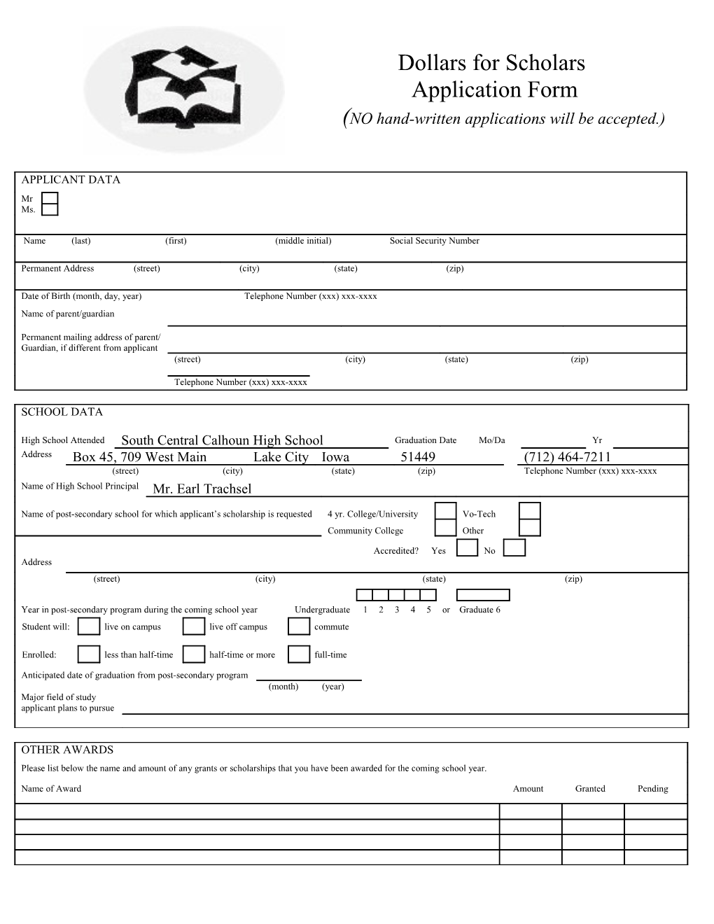 Dollars for Scholars Application Form