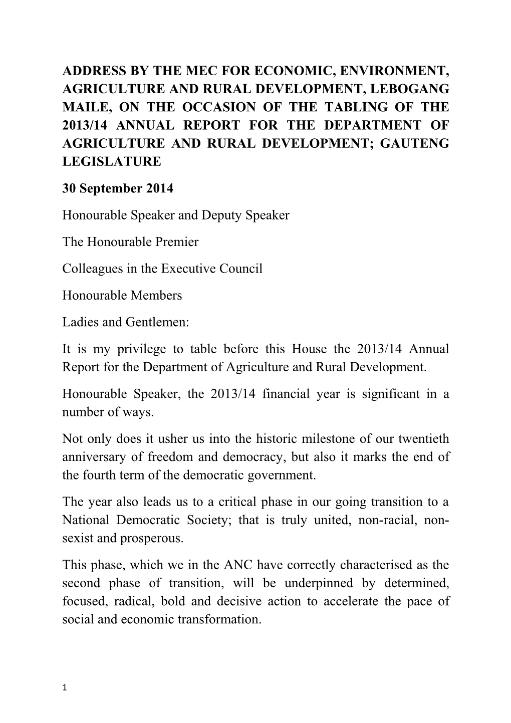 MEC Lebohang Maile Speech on the Tabling of the Department of Agriculture Annual Report