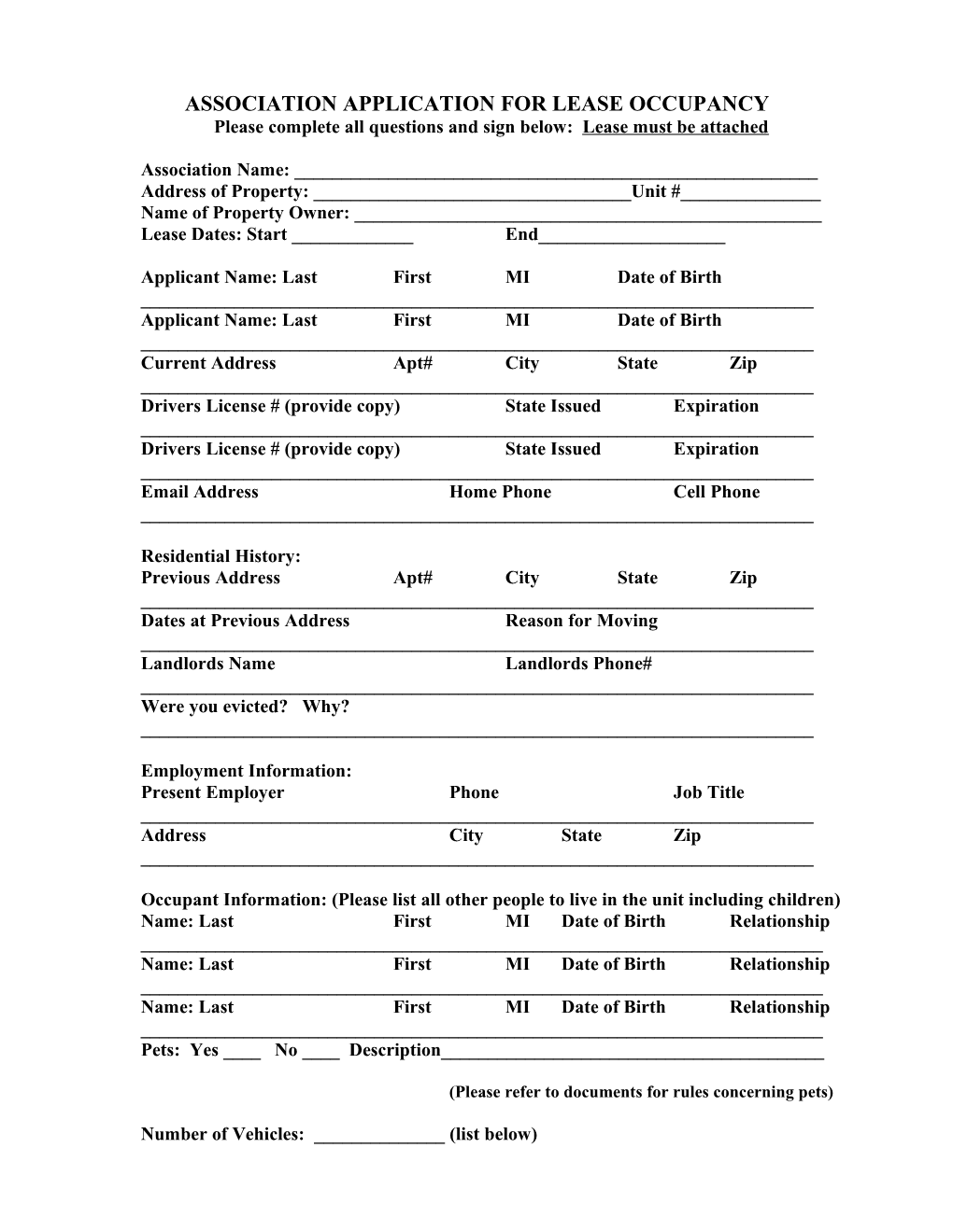 Condominium Association Application for Lease