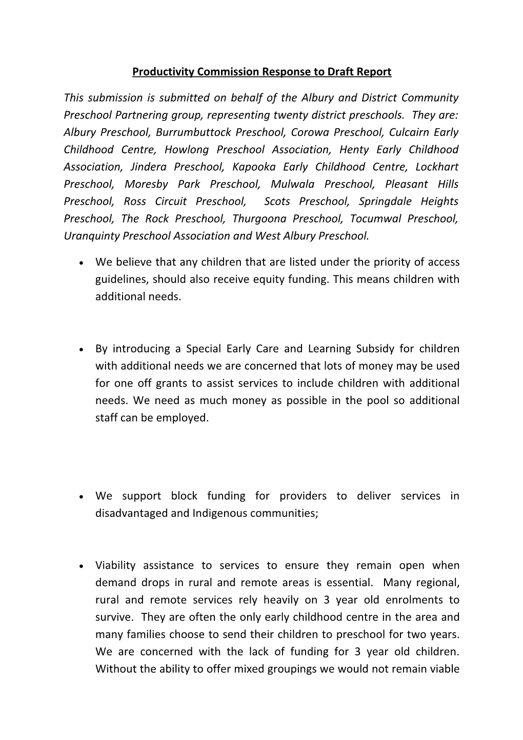 Submission DR642 - Albury and District Community Preschool Network - Childcare and Early