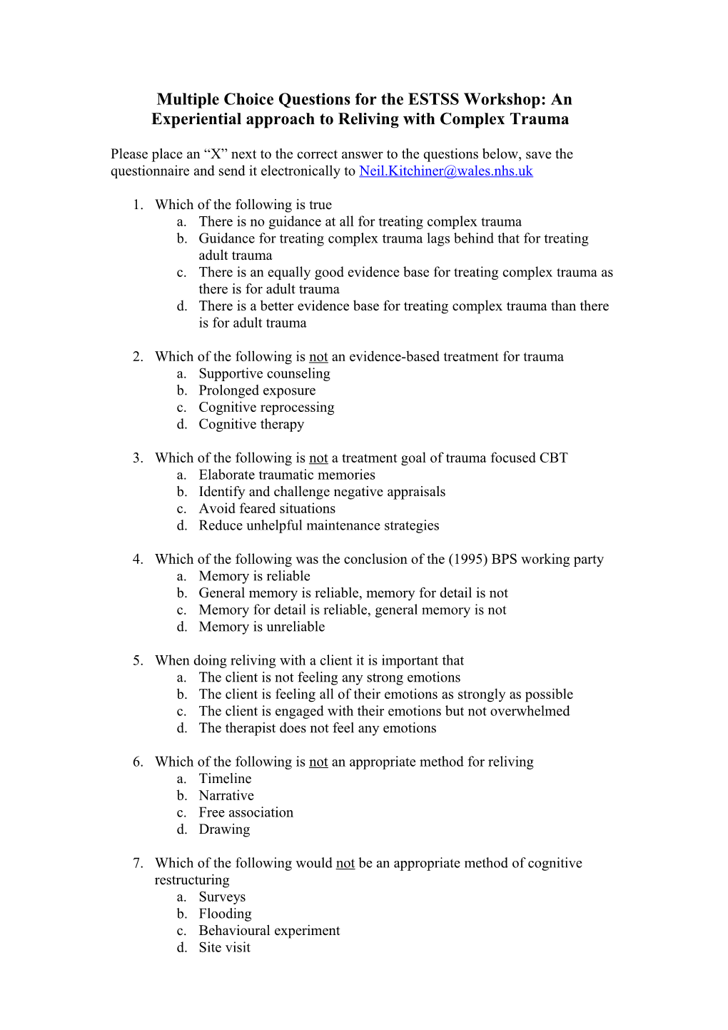 Multiple Choice Questions for the ESTSS Psychological Treatments of PTSD Workshop Held