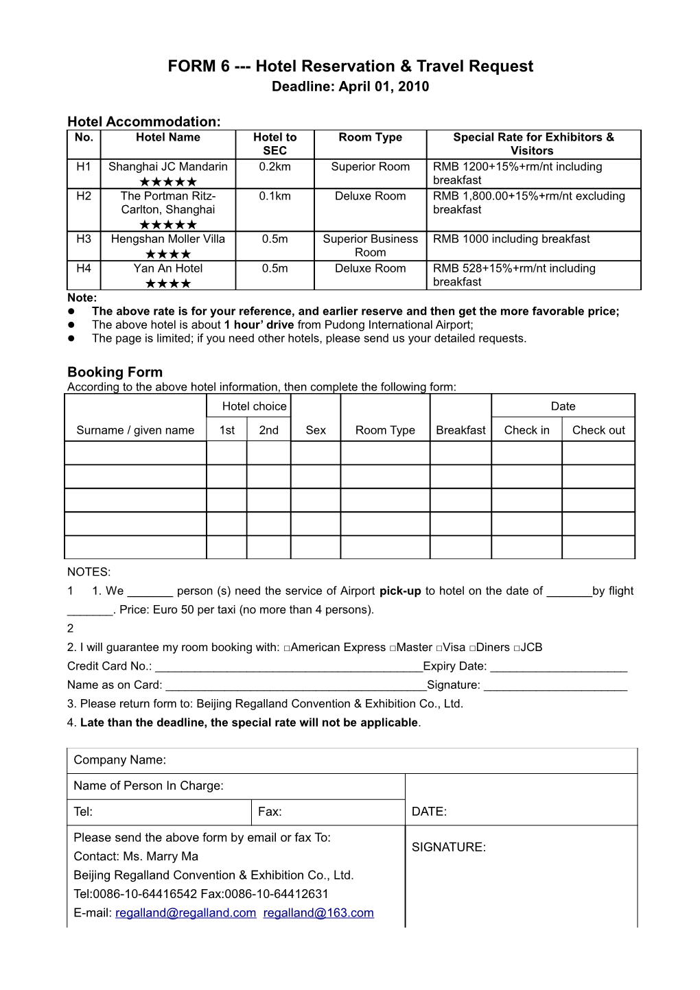 FORM 6 Hotel Reservation & Travel Request