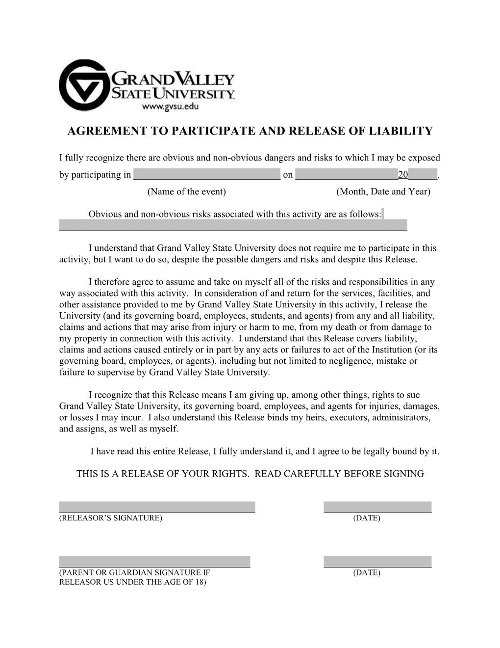 Agreement to Participate and Release of Liability