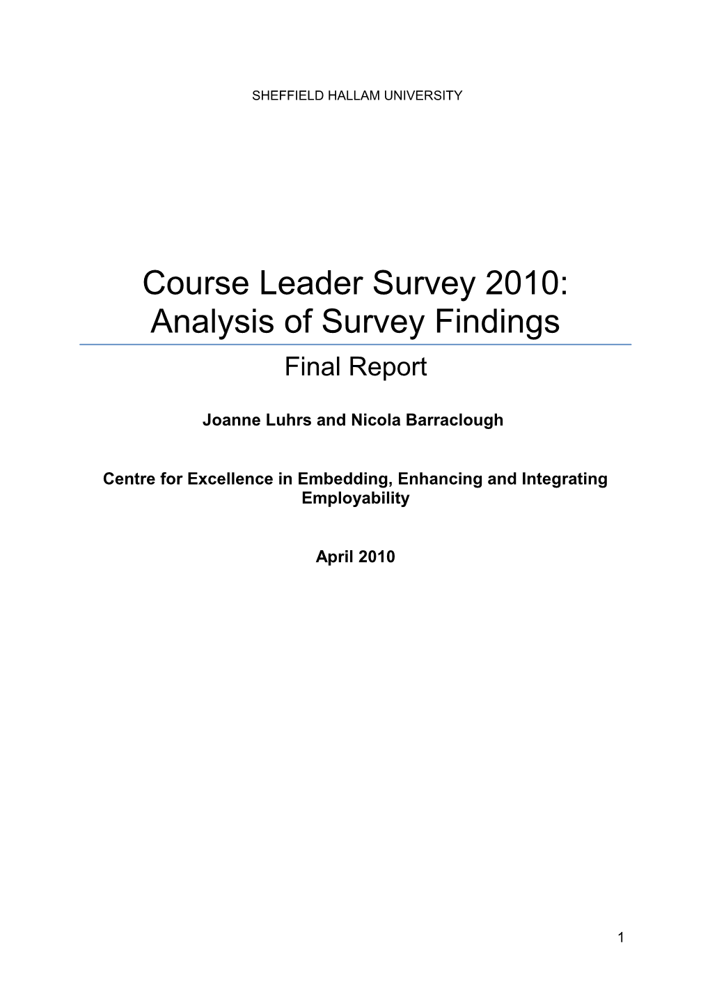 Course Leader Survey 2010: Analysis of Survey Findings