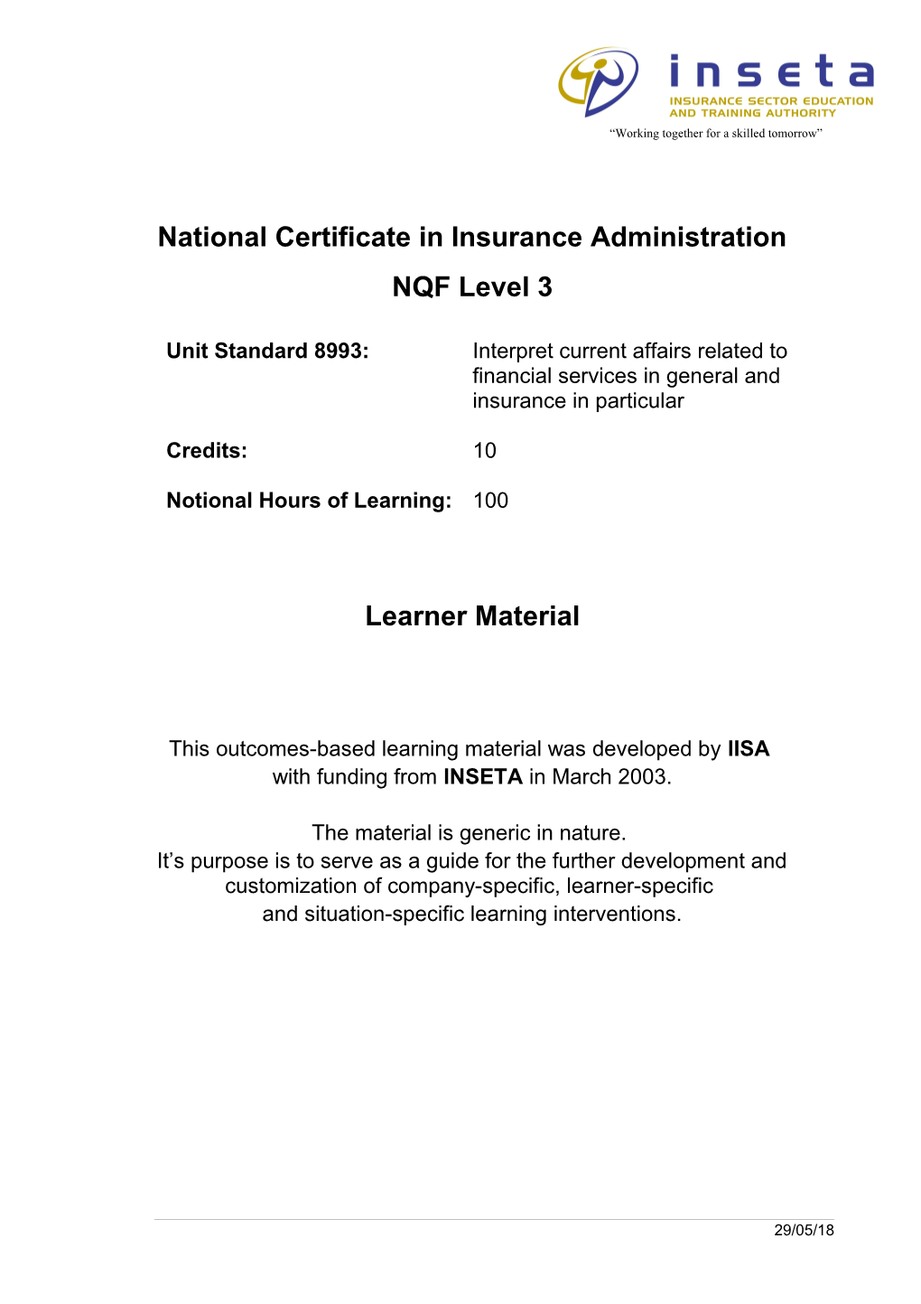 National Certificate in Insurance Administration