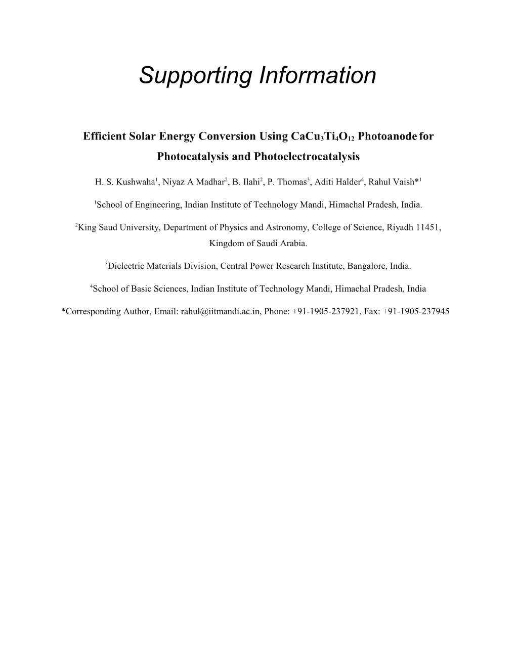 Efficient Solar Energy Conversion Using Cacu3ti4o12 Photoanodefor Photocatalysis And