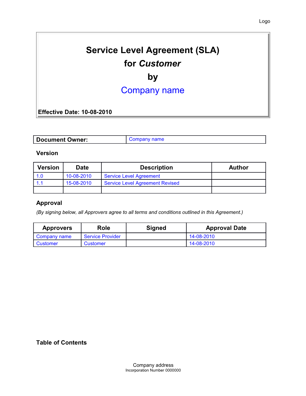 Service Level Agreement (SLA) Template s1