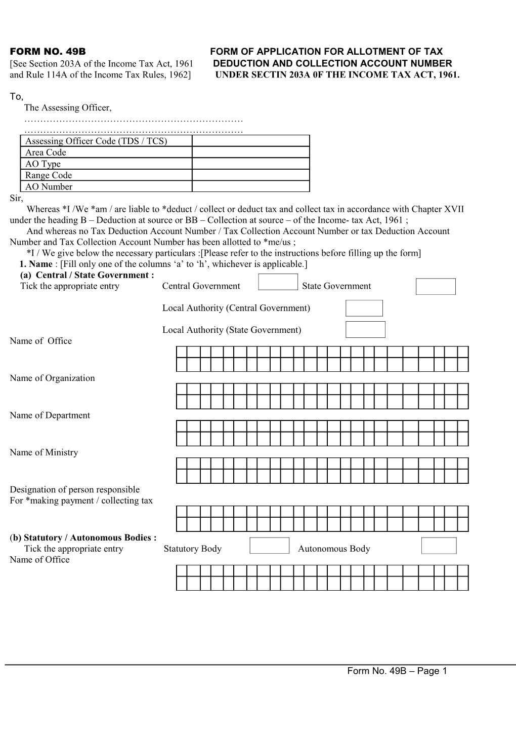 Form No. 49B Form of Application for Allotment of Tax