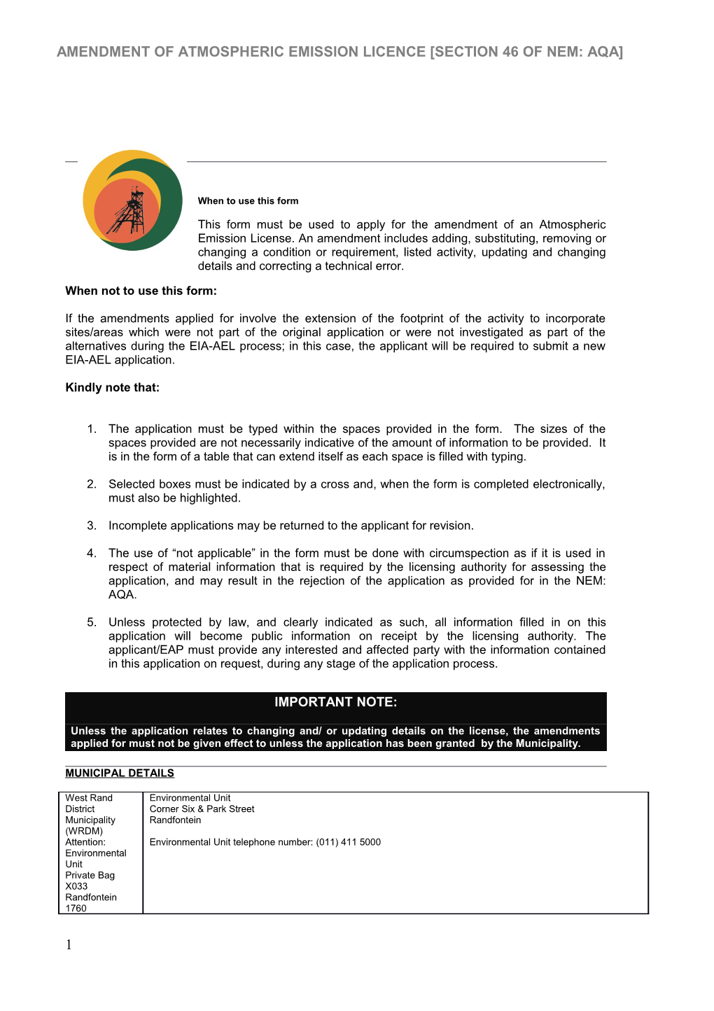 Amendment of Atmospheric Emission Licence Section 46 of NEM: AQA