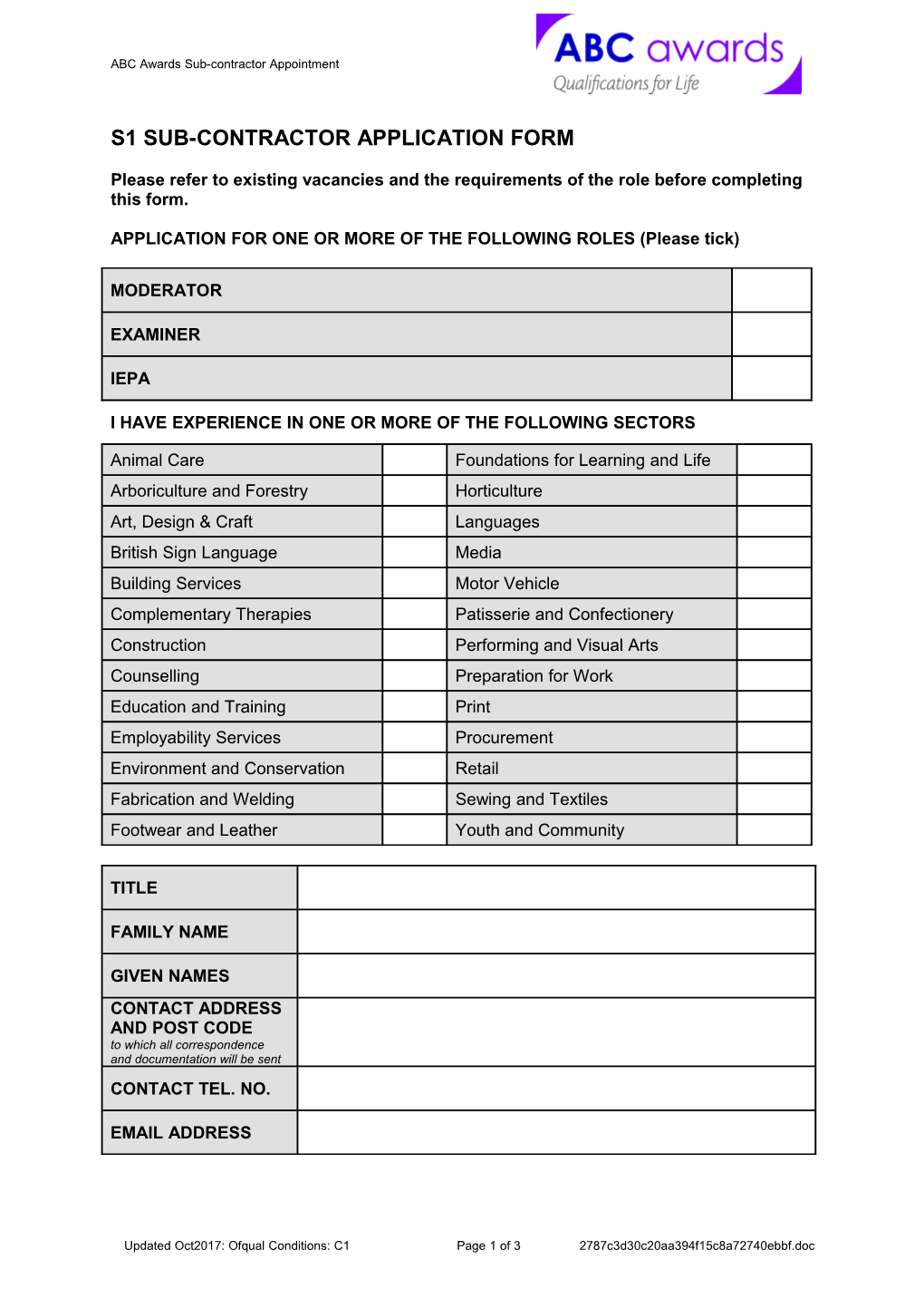 S1 Sub-Contractor Application Form