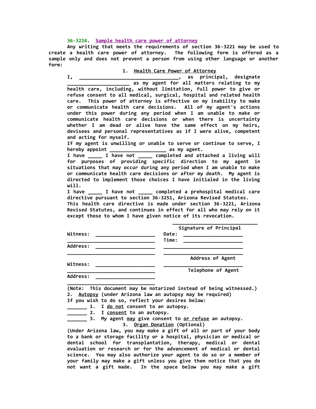 36-3224; Sample Health Care Power of Attorney