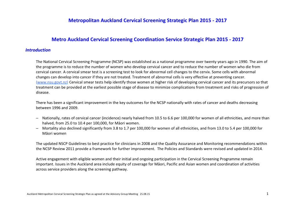 Metropolitan Auckland Cervical Screening Strategic Plan