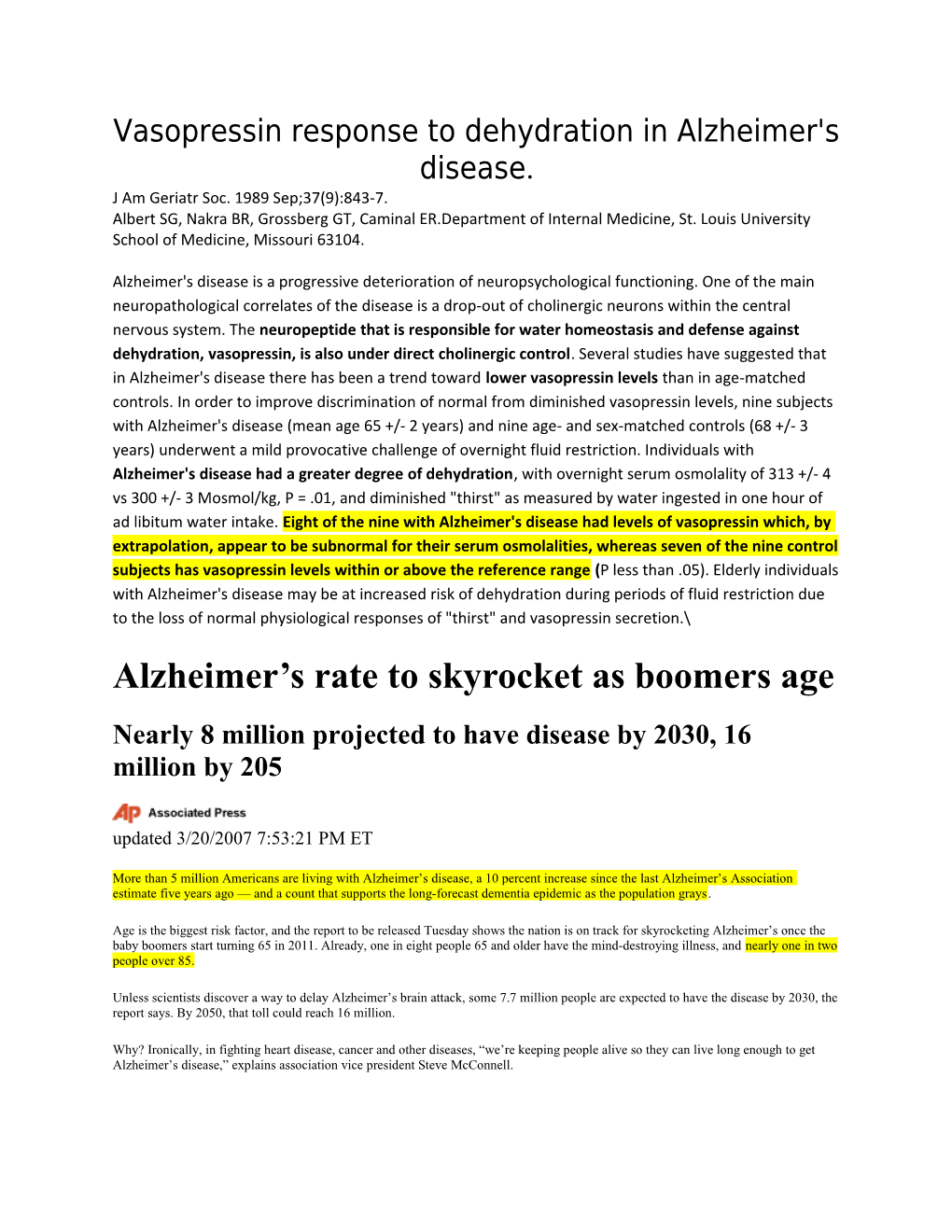 Vasopressin Response to Dehydration in Alzheimer's Disease